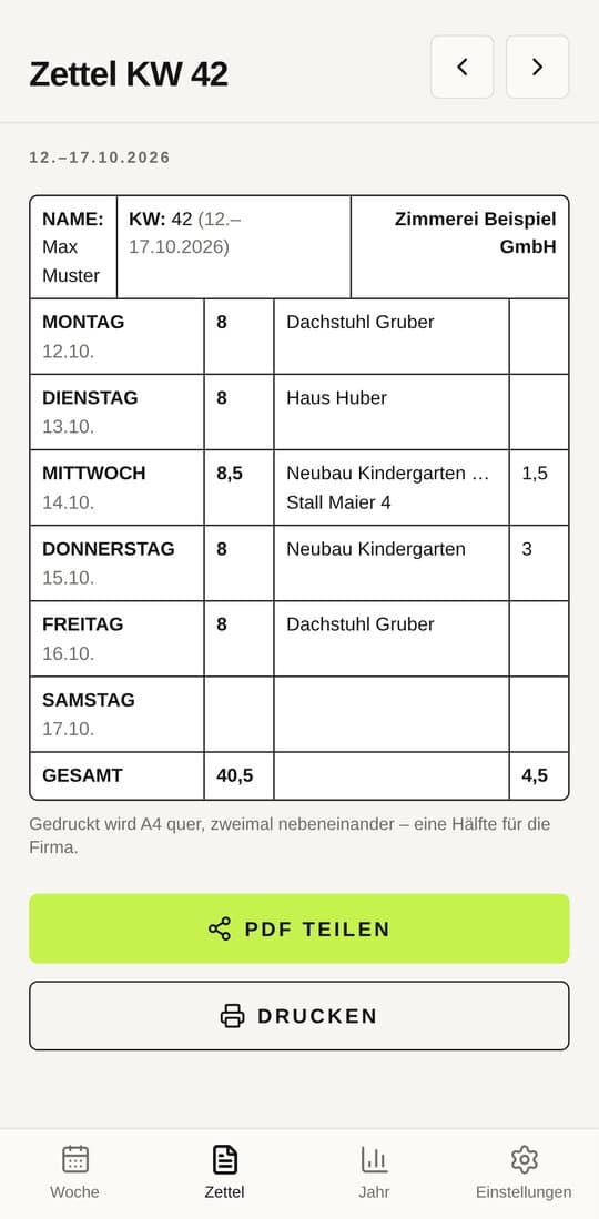 Wochenzettel nach Firmenvorlage