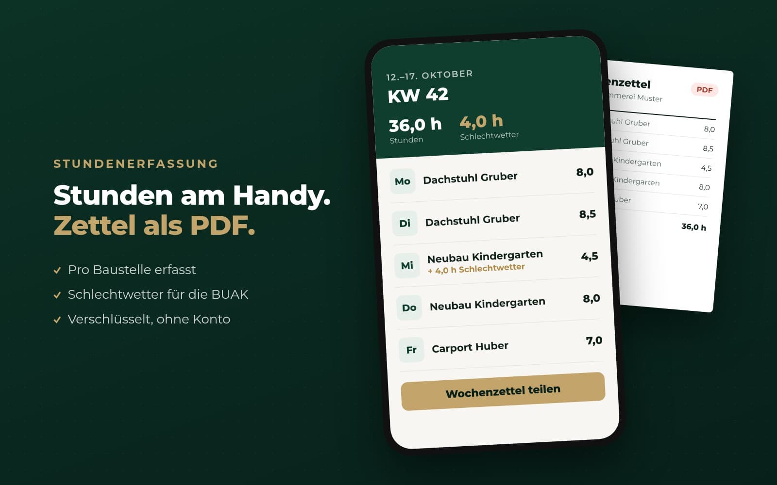 Wochenansicht der Stundenerfassung am Handy und der Wochenzettel als PDF